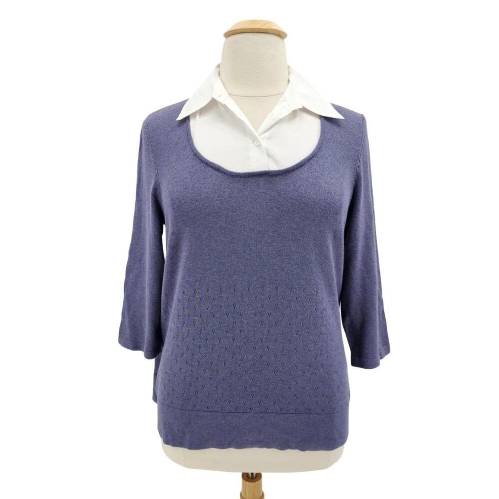 NEW Apt. 9 Womens 1X Sweater Mock Button Shirt Collared Preppy Blue White